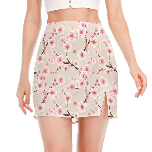 White Cherry Blossom Pattern Print Side Slit Mini Skirt