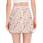 White Cherry Blossom Pattern Print Side Slit Mini Skirt