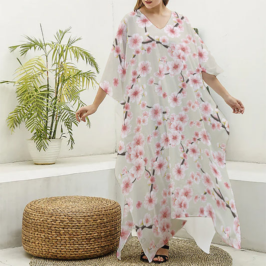 White Cherry Blossom Pattern Print Silk V-Neck Kaftan Dress
