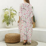 White Cherry Blossom Pattern Print Silk V-Neck Kaftan Dress