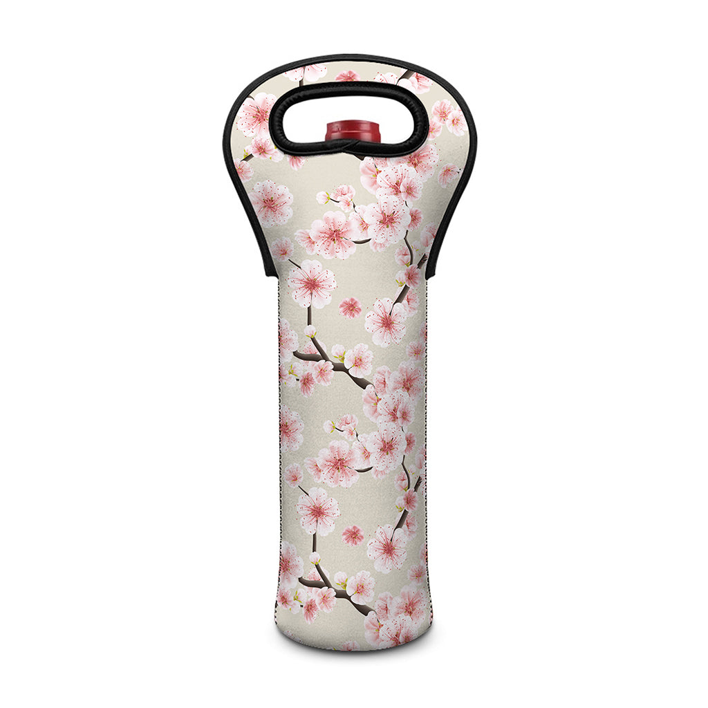 White Cherry Blossom Pattern Print Single Neoprene Wine Tote