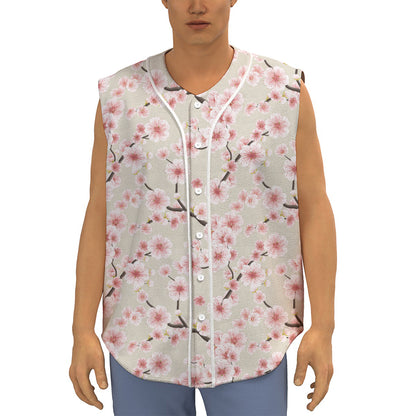 White Cherry Blossom Pattern Print Sleeveless Baseball Jersey