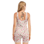 White Cherry Blossom Pattern Print Sleeveless One Piece Swimsuit