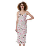 White Cherry Blossom Pattern Print Slim Fit Midi Cami Dress