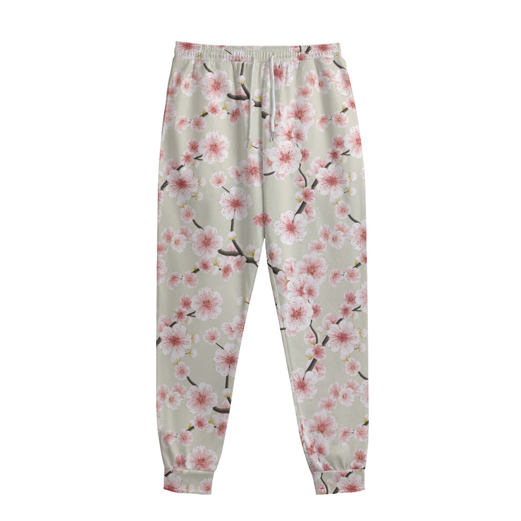 White Cherry Blossom Pattern Print Sweatpants