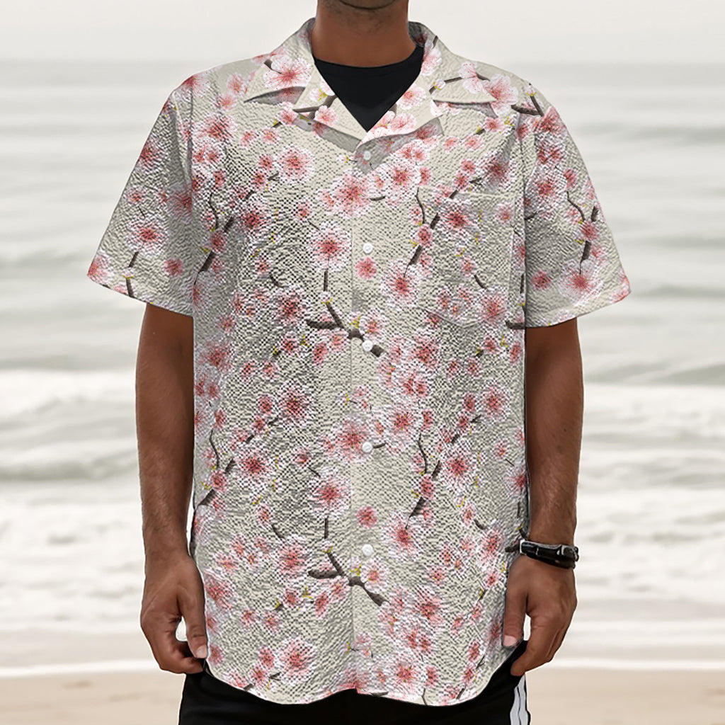 White Cherry Blossom Pattern Print Textured Short Sleeve Shirt