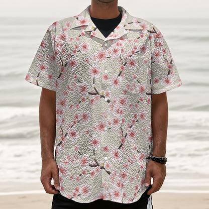 White Cherry Blossom Pattern Print Textured Short Sleeve Shirt