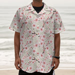 White Cherry Blossom Pattern Print Textured Short Sleeve Shirt