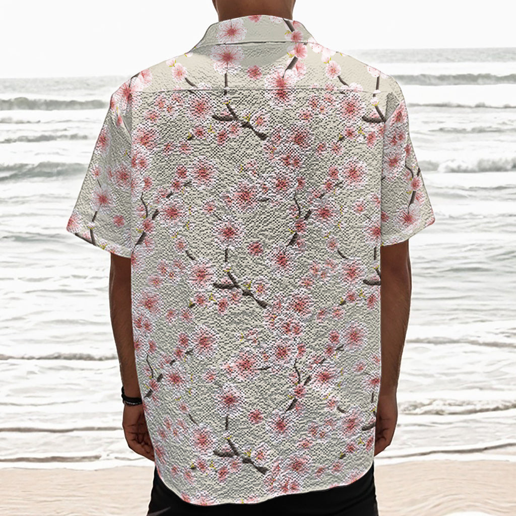 White Cherry Blossom Pattern Print Textured Short Sleeve Shirt
