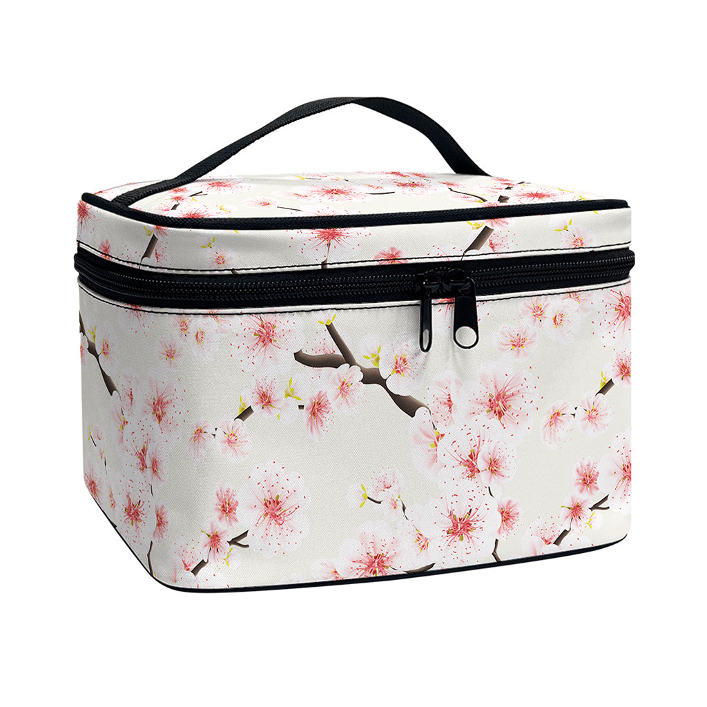 White Cherry Blossom Pattern Print Travel Makeup Bag