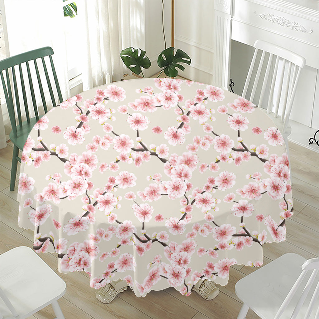 White Cherry Blossom Pattern Print Waterproof Round Tablecloth