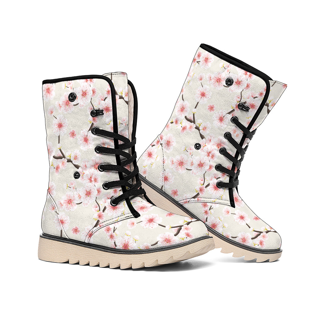 White Cherry Blossom Pattern Print Winter Boots