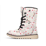 White Cherry Blossom Pattern Print Winter Boots