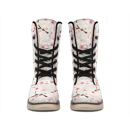 White Cherry Blossom Pattern Print Winter Boots