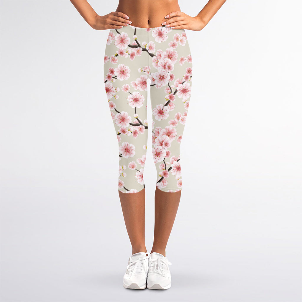 White Cherry Blossom Pattern Print Women's Capri Leggings