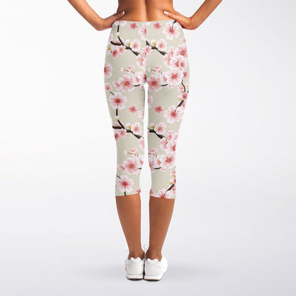 White Cherry Blossom Pattern Print Women's Capri Leggings