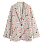 White Cherry Blossom Pattern Print Women's Cotton Blazer