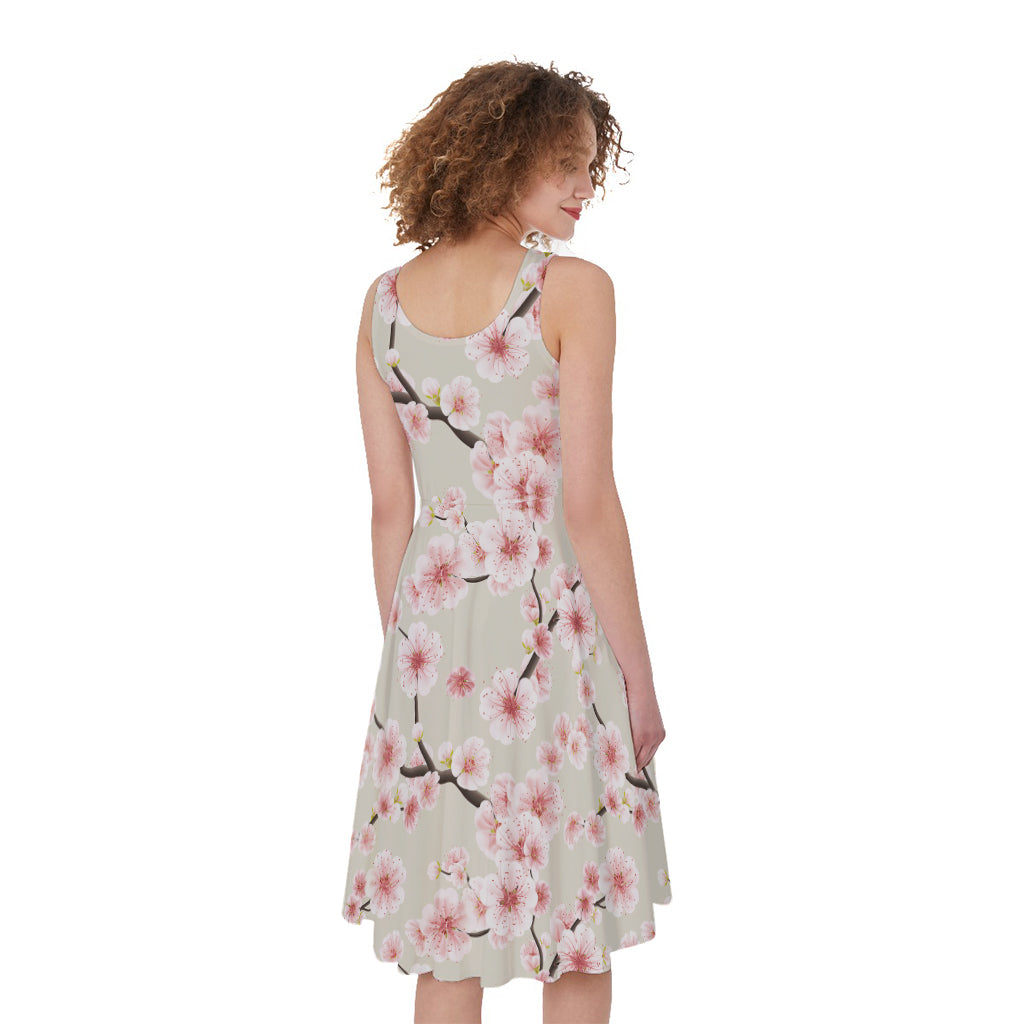 White Cherry Blossom Pattern Print Women's Sleeveless Dress