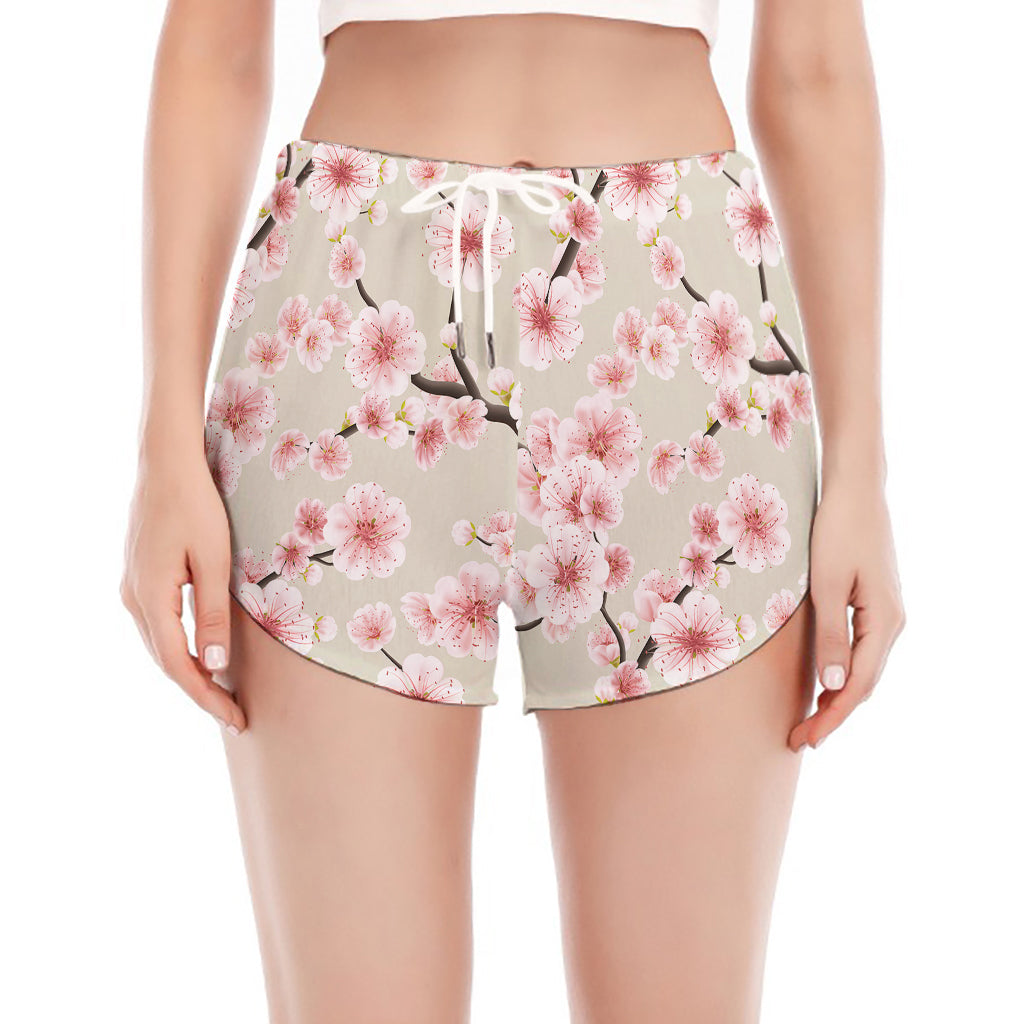White Cherry Blossom Pattern Print Women's Split Running Shorts