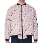 White Cherry Blossom Pattern Print Zip Sleeve Bomber Jacket