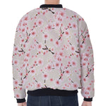 White Cherry Blossom Pattern Print Zip Sleeve Bomber Jacket