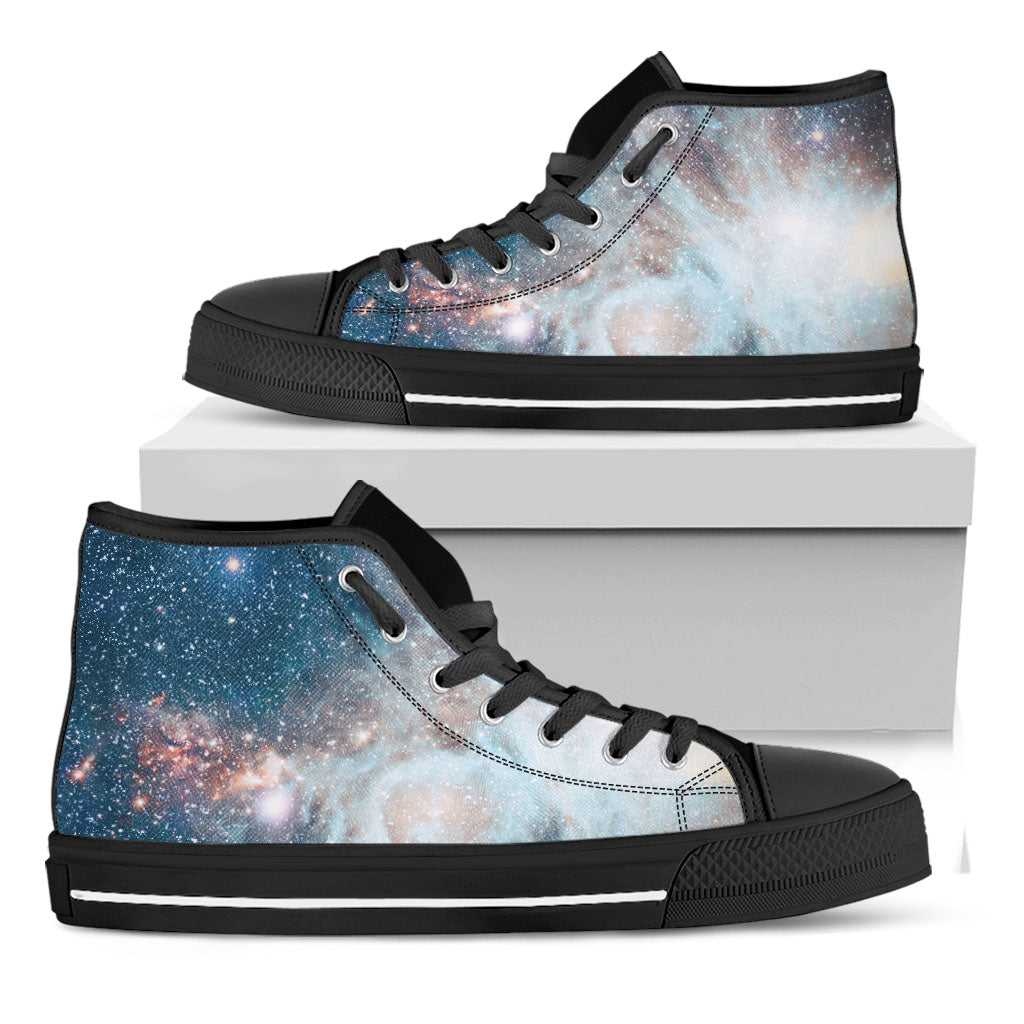 White Cloud Galaxy Space Print Black High Top Sneakers