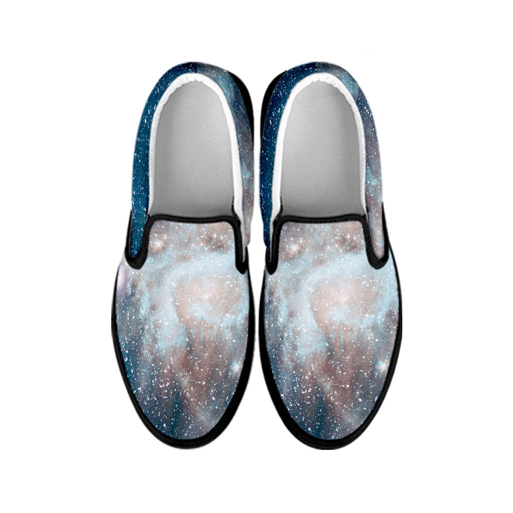 White Cloud Galaxy Space Print Black Slip On Sneakers