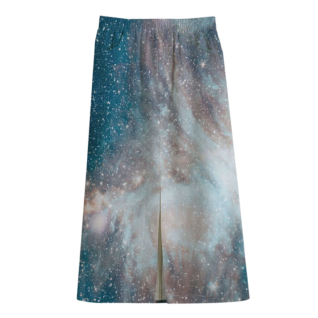 White Cloud Galaxy Space Print Cotton Front Slit Maxi Skirt