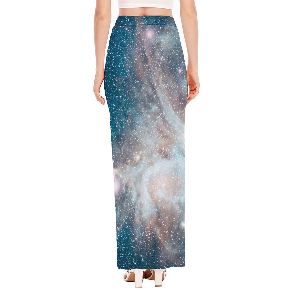 White Cloud Galaxy Space Print High Slit Maxi Skirt