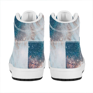 White Cloud Galaxy Space Print High Top Leather Sneakers