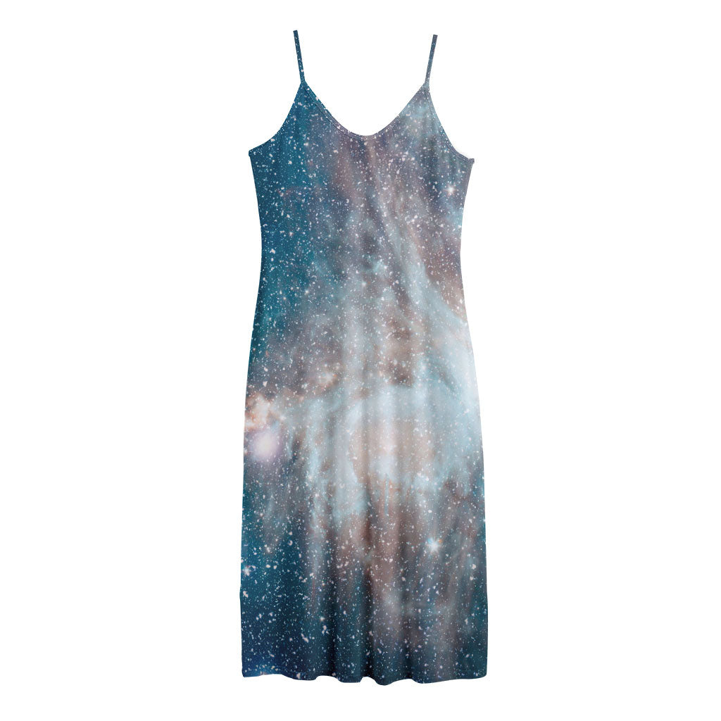 White Cloud Galaxy Space Print Jersey Midi Cami Dress