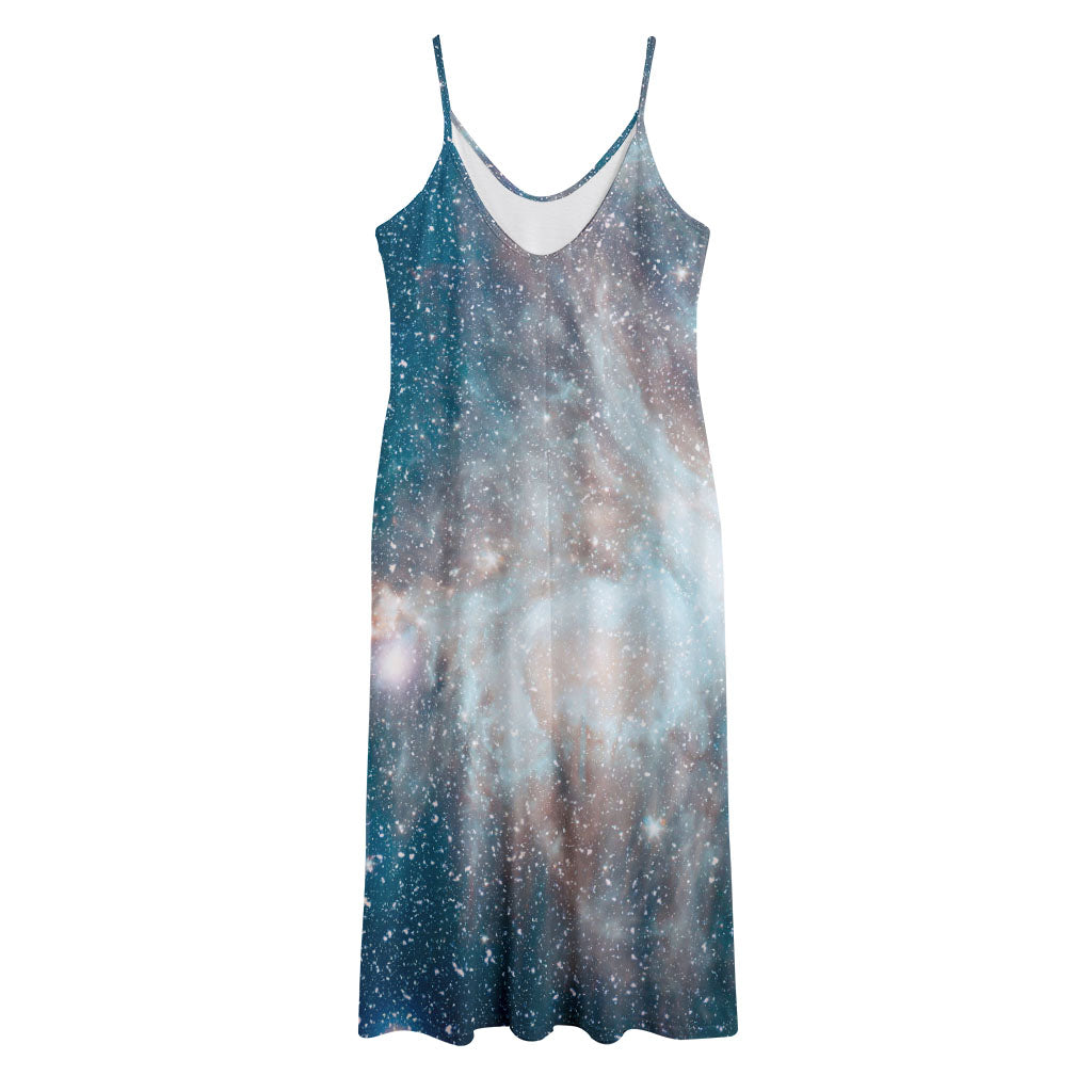 White Cloud Galaxy Space Print Jersey Midi Cami Dress