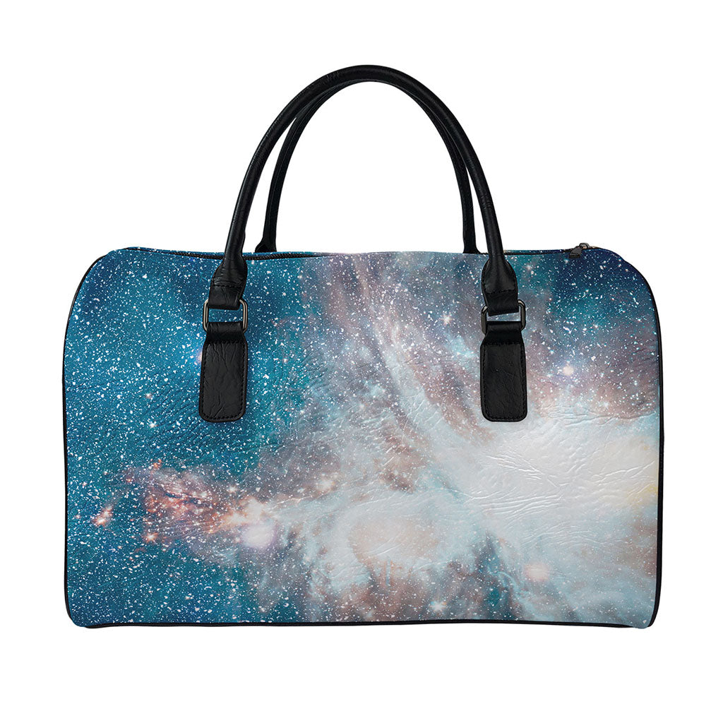 White Cloud Galaxy Space Print Leather Duffle Bag