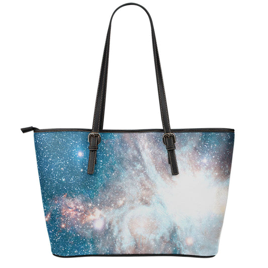 White Cloud Galaxy Space Print Leather Tote Bag