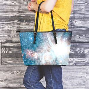 White Cloud Galaxy Space Print Leather Tote Bag