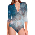 White Cloud Galaxy Space Print Long Sleeve Swimsuit