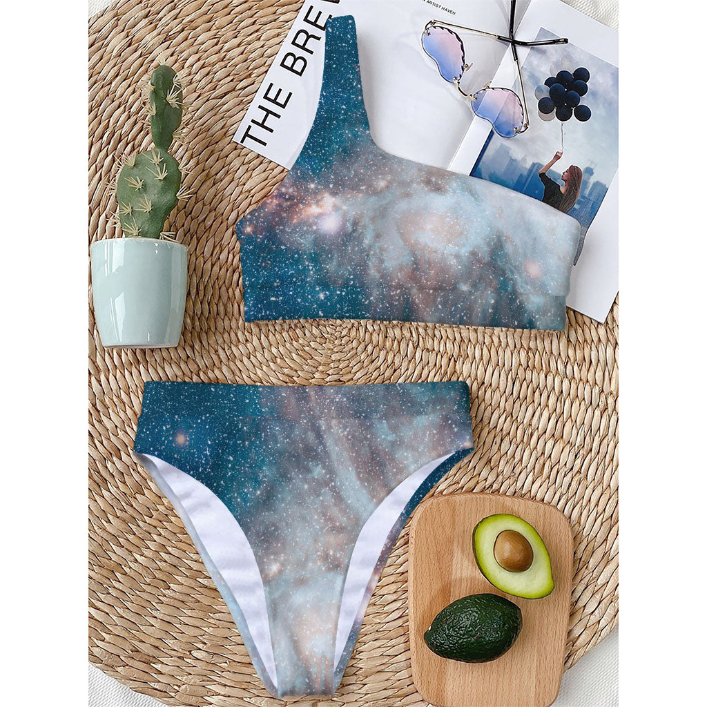 White Cloud Galaxy Space Print One Shoulder Bikini Top