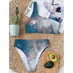 White Cloud Galaxy Space Print One Shoulder Bikini Top