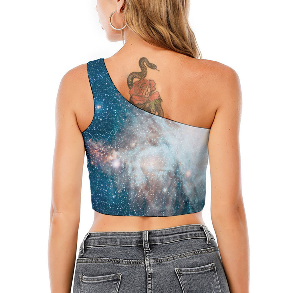 White Cloud Galaxy Space Print One Shoulder Crop Top