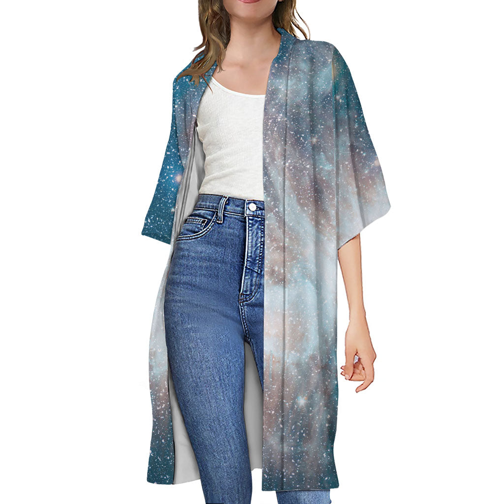 White Cloud Galaxy Space Print Open Front Beach Cover Up