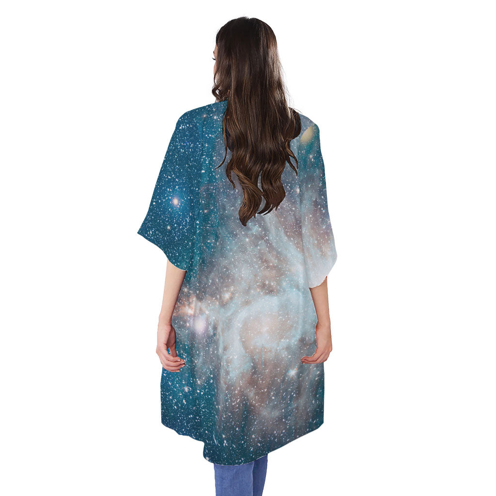 White Cloud Galaxy Space Print Open Front Beach Cover Up