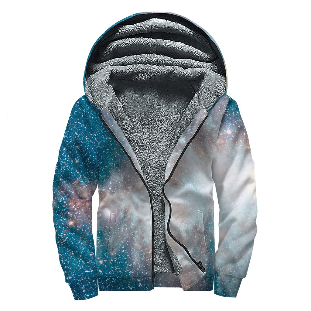 White Cloud Galaxy Space Print Sherpa Lined Zip Up Hoodie