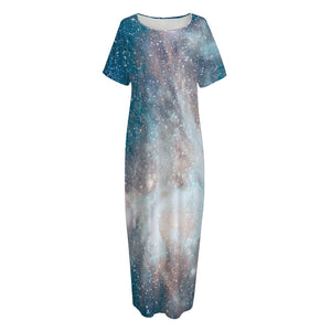 White Cloud Galaxy Space Print Short Sleeve Long Nightdress