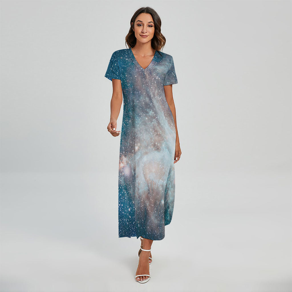 White Cloud Galaxy Space Print Short Sleeve Maxi Dress