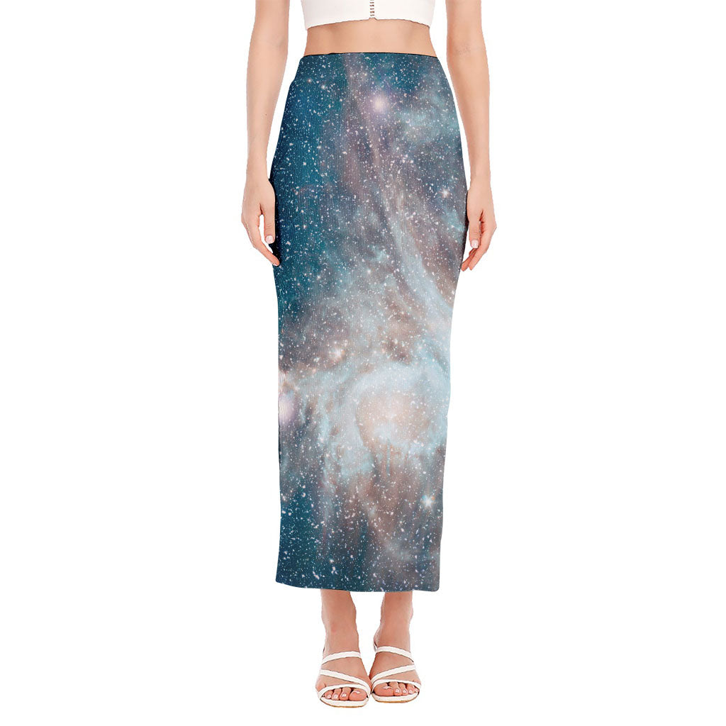 White Cloud Galaxy Space Print Side Slit Maxi Skirt