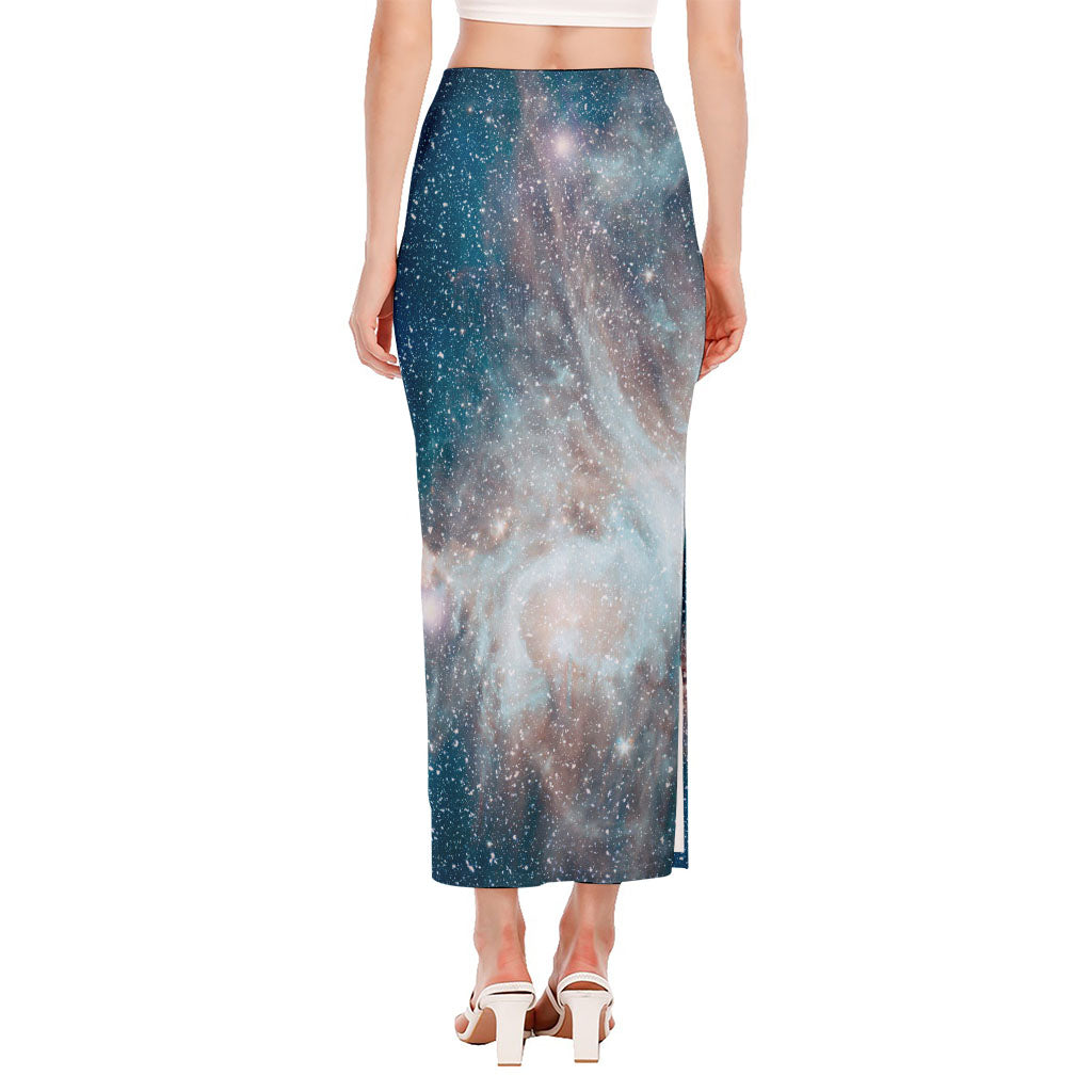 White Cloud Galaxy Space Print Side Slit Maxi Skirt