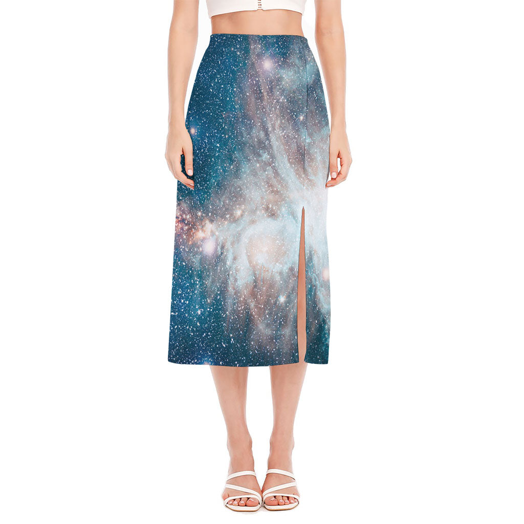 White Cloud Galaxy Space Print Side Slit Midi Skirt