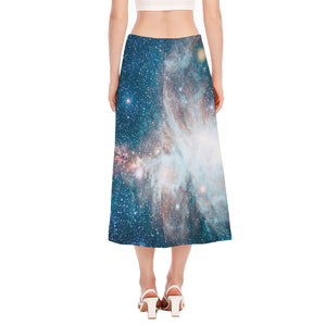 White Cloud Galaxy Space Print Side Slit Midi Skirt