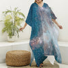 White Cloud Galaxy Space Print Silk V-Neck Kaftan Dress