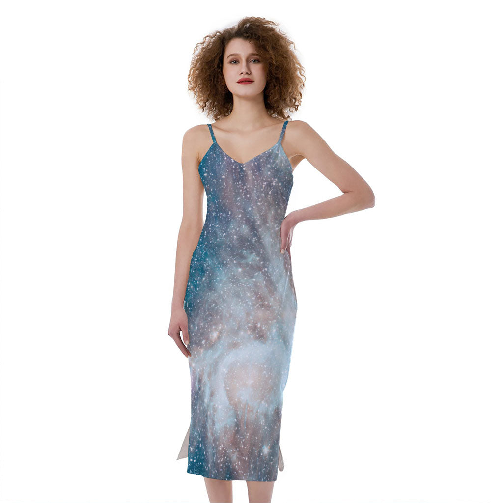 White Cloud Galaxy Space Print Slim Fit Midi Cami Dress